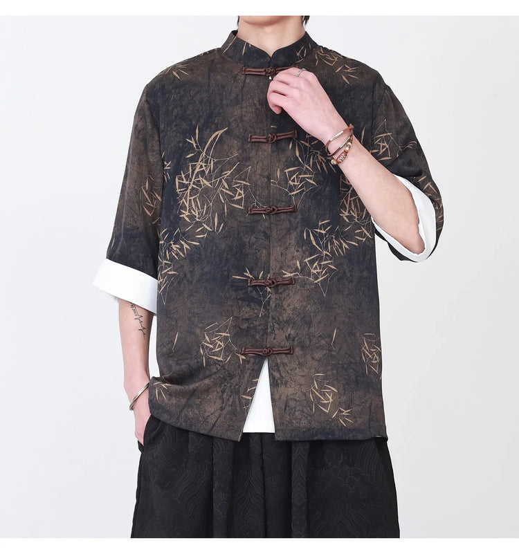 Camicie da uomo estive di lusso in jacquard con foglie di bambù, camicia a maniche corte da uomo in stile cinese tradizionale, camicia casual da uomo per Kung Fu e Tai Chi