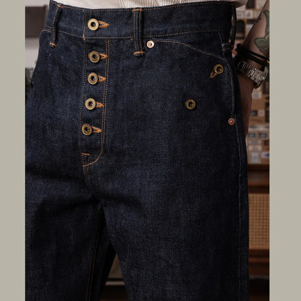 Red Tornado Retro Heavy 18oz Raw Selvedge Denim Pants Sanforized Button Fly High Waist Flap Pocket Carpenter Style Jeans