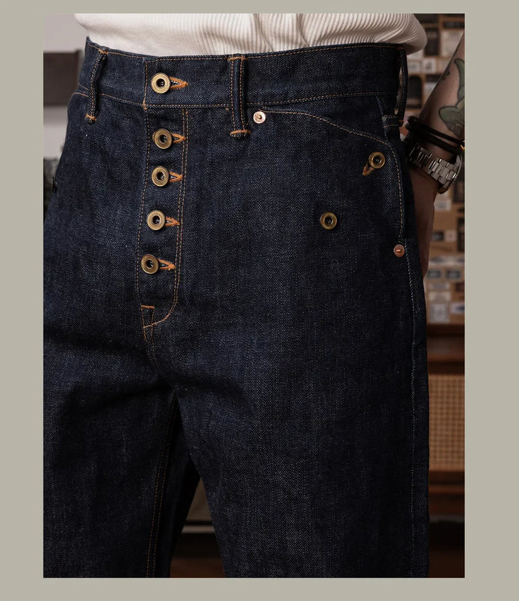 Red Tornado Retro Heavy 18oz Raw Selvedge Denim Pants Sanforized Button Fly High Waist Flap Pocket Carpenter Style Jeans