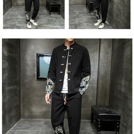 Completo Due Pezzi da Uomo, Nuovo Stile Primaverile in Lino, Comodo Completo Retrò Tang in Cotone Patchwork, Camicia Casual e Giacca Stampata Kung Fu