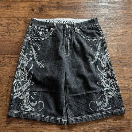 Y2K New American Fashion Pattern Letter Embroidery Baggy Denim Shorts Women Street Vintage Hip Hop Casual Shorts Women Clothing PlatiNum