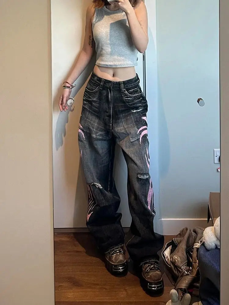 Y2K Jeans larghi con stampa totem screziati vintage americano Jeans da donna a vita alta a gamba larga Jeans hip-hop alla moda da donna
