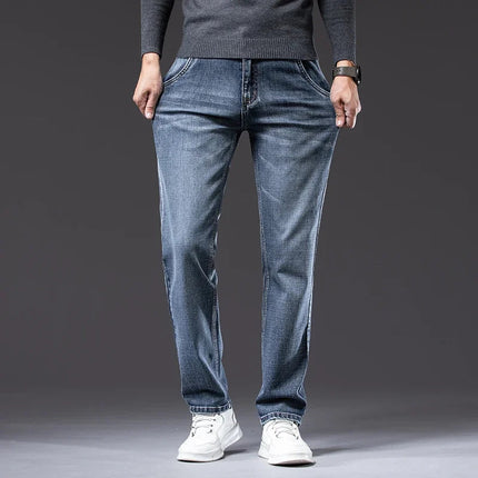 Autumn Men's Business Straight Fit Jeans Vintage Blue Smoke Gray Stretch Trousers Soft Comfortable Fabric Denim Pants Male PlatiNum