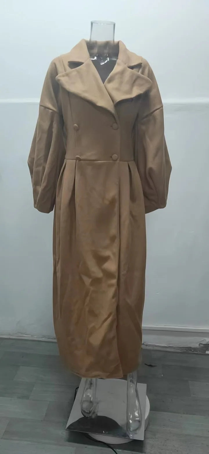 European American Retro Court Style Wool Coat, Long Length with Big Lapel & Lantern Sleeves, New Autumn Winter Outerwear