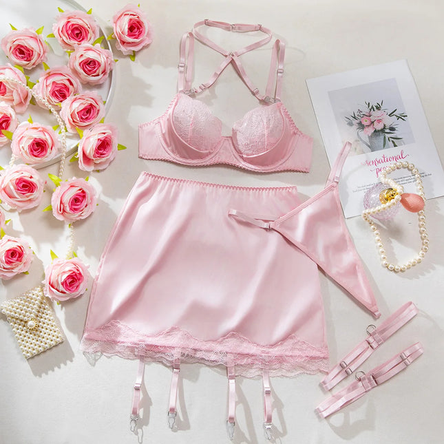 4 Pieces Sexy Lingerie Sets Women Hot Halter Lace Bra and Panty Garters Mini Skirt Set Sissy Erotic Costumes Romantic Underwear