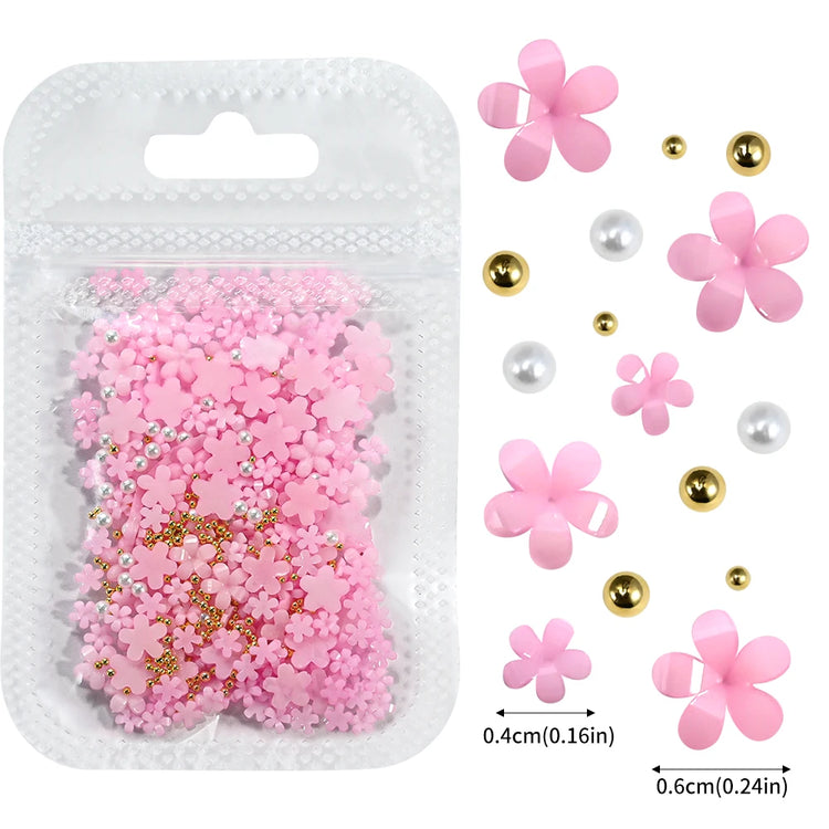 1box 3D Flower Bow Nail Art Decorations Kit Pink/White Acrylic Floral/Peal Beads Nail Charm with Wax Pen/Tweezer 4/6mm Nail Part Nail