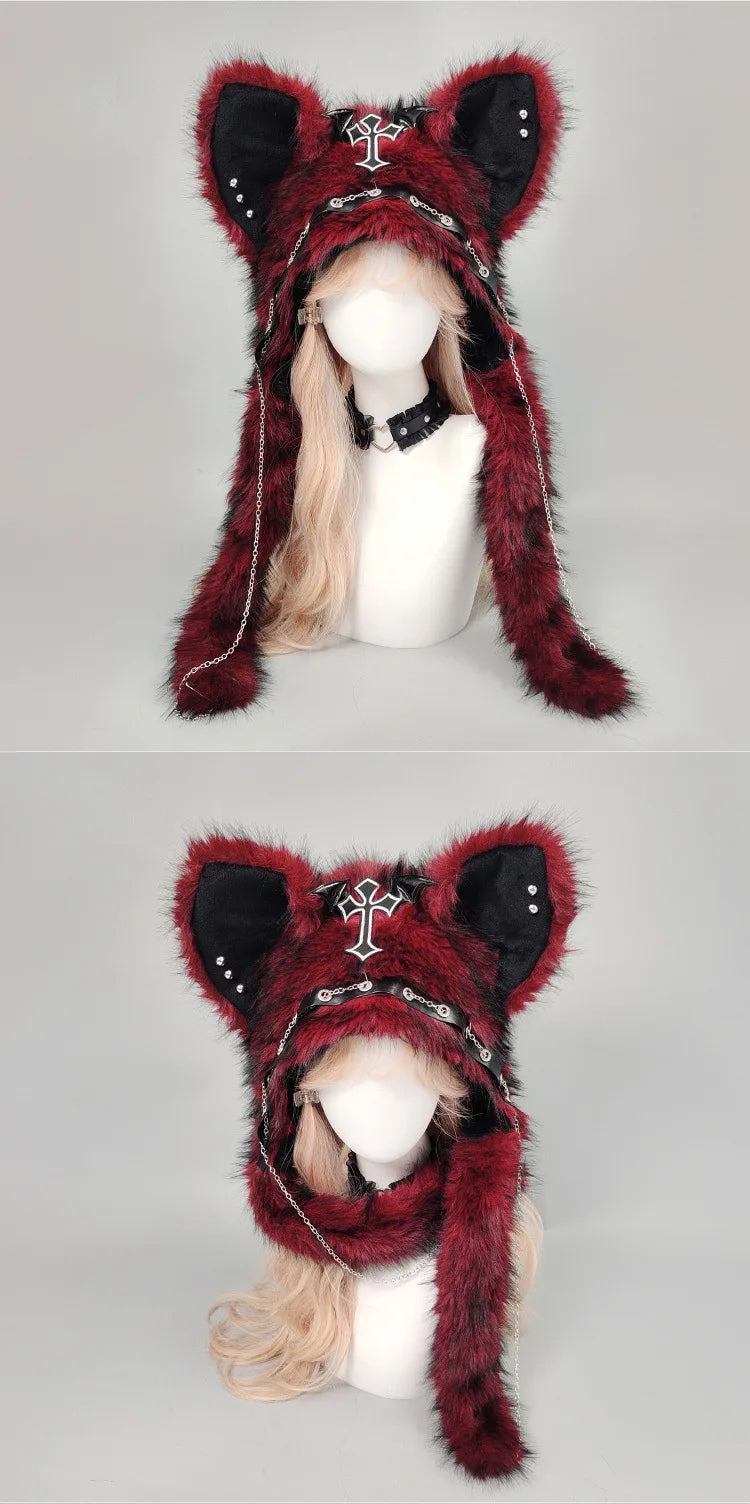 Y2K Gothic Punk Cat Ear Hat with Cross Wing Chain Decoration Plush Warm Winter Subculture Goth Rock Musi Cap Bombero Gorro Ruso