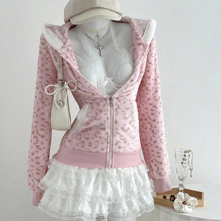 Cute Pink Leopard Pint Hooded Y2k Clothes Aesthetic 2000s Vintage Kpop Women's Sweatshirts Zip-up Grunge Gyaru Hoody Gothic Top