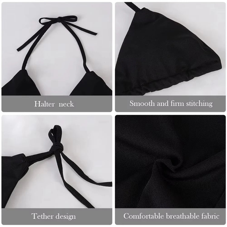 Women's Beach Style Halter Swimsuit Solid Thong Bikini Set Sexy Bathing Suit Female Swimwear