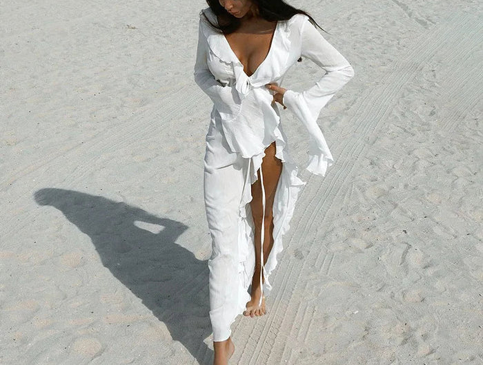 Sexy scollo a V increspato manica lunga Nero Bianco Nuova tunica in chiffon Beach Cover Up Cover-up Abito Protezione solare Beachwear Abbigliamento donna platinumshop