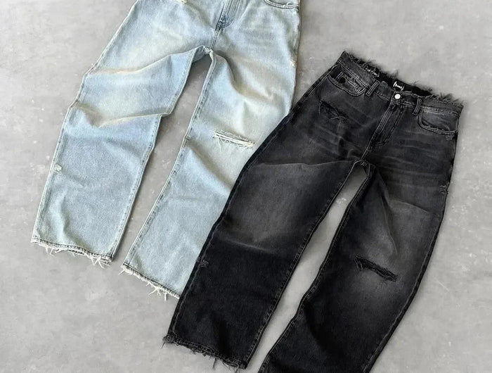 Straight Jeans Distressed Men Jean Ripped Holes Washed Denim Pants Ankle Length Loose Solid Zipper Fly Pockets Casual 2025 PlatiNum