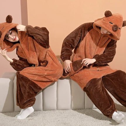 Family Matching Hooded Jumpsuit Cartoon Cypabara Onesie Winter Warm Sleepwear Boys Girls Pajamas Christmas Cartoon Home Clothes