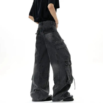 IEFB Jeans da uomo stile americano tinta unita multi tasche pantaloni casual usurati decostruzione pantaloni in denim a gamba larga 9W4066