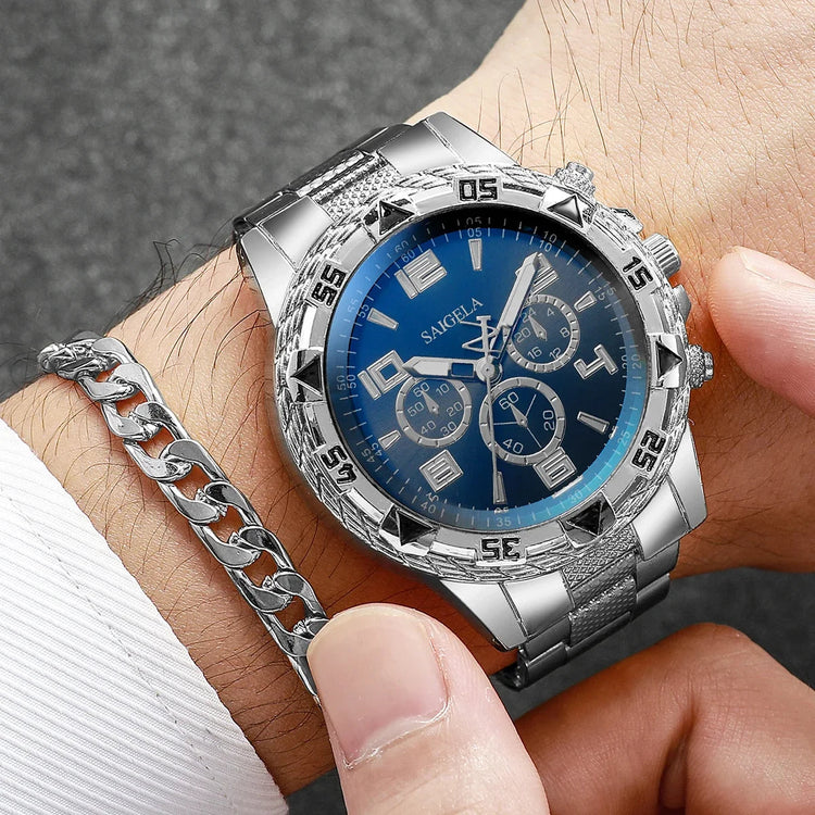 3 pz/set moda quadrante grande orologio al quarzo da uomo orologi da uomo d'affari di lusso collana braccialetto set Reloj Hombre (senza scatola) platinumshop