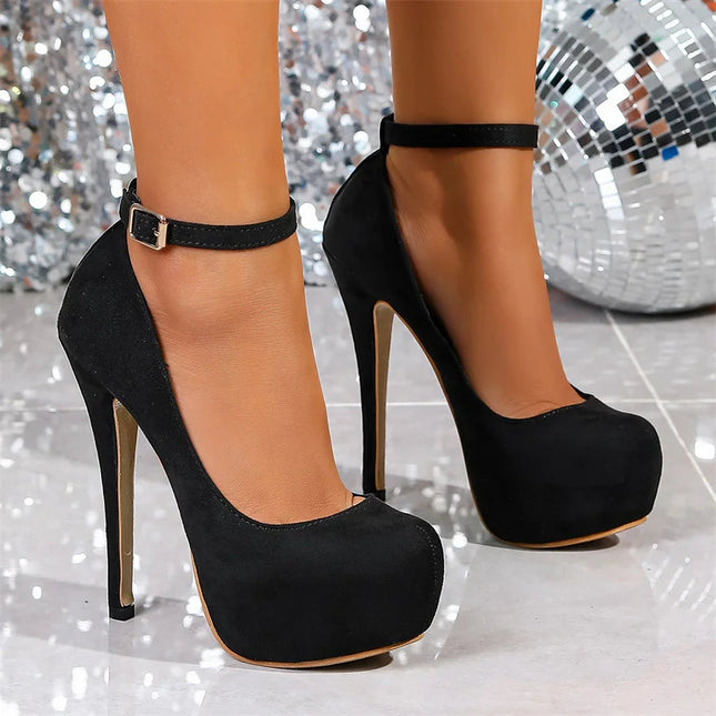 Big Size 36-47 Soft Flock Office Shoes Women Pumps 2026 Buckle Round Toe Super High Heels 14.5CM Sexy Platform Party Shoes Woman PlatiNum