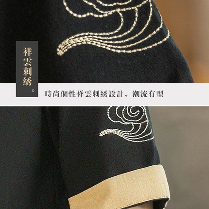 Camicie da uomo con gru ricamate Kungfu Tai Chi Casual manica corta nuovo stile cinese colletto alla coreana Cardigan in lino Tang Suit uomo Top