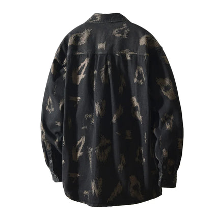 T795 Men's Long Sleeve Denim Casual Shirt for Autumn Winter Fashion Loose Relaxed Fit Vintage Flower Print Denim Jackets Male