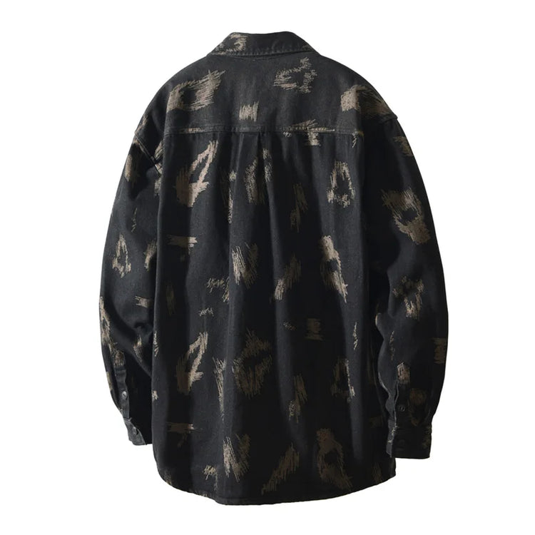 T795 Men's Long Sleeve Denim Casual Shirt for Autumn Winter Fashion Loose Relaxed Fit Vintage Flower Print Denim Jackets Male