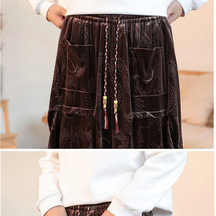 Pantaloni di velluto da uomo autunno inverno retrò drago stampa pantaloni larghi da uomo stile cinese pantaloni casual a gamba larga per uomo taglie forti 5XL