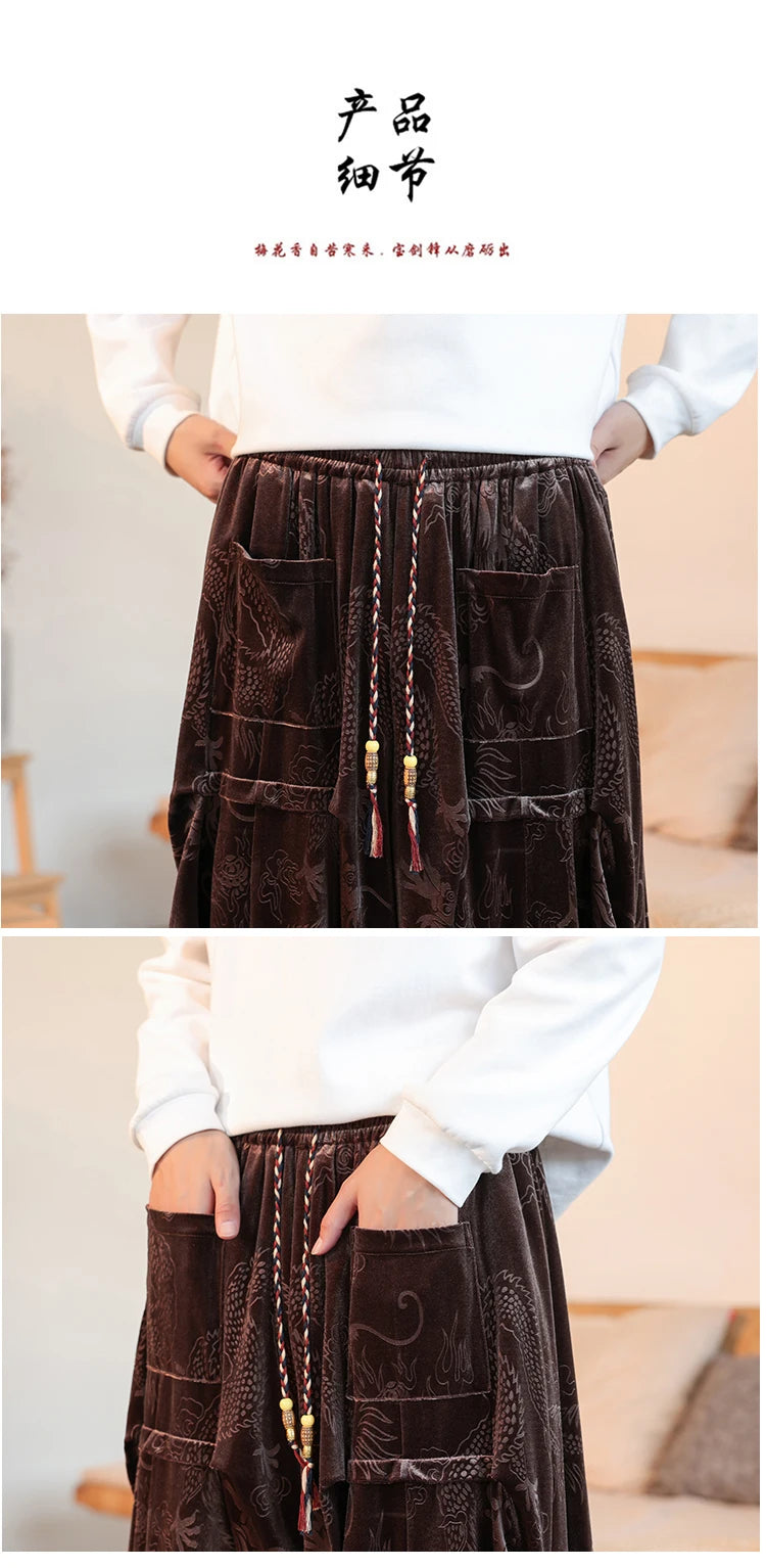 Pantaloni di velluto da uomo autunno inverno retrò drago stampa pantaloni larghi da uomo stile cinese pantaloni casual a gamba larga per uomo taglie forti 5XL