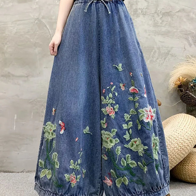 Amax luluE Summer Women Fashion Jeans floreali Pantaloni in denim oversize da donna Pantaloni larghi casual con ricamo vintage a gamba larga