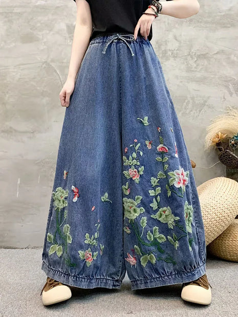 Amax LuluE Summer Women's Fashion Floral Jeans Oversized Women's Denim Pants Vintage Embroidery Wide Leg Casual Loose Trousers