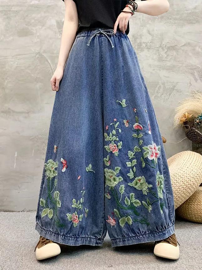 Amax luluE Summer Women Fashion Jeans floreali Pantaloni in denim oversize da donna Pantaloni larghi casual con ricamo vintage a gamba larga