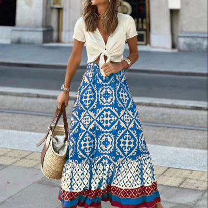 Gonna ampia stampata con elastico in vita da donna, gonna midi boho con inserti, adatta per la spiaggia e l'uso quotidiano