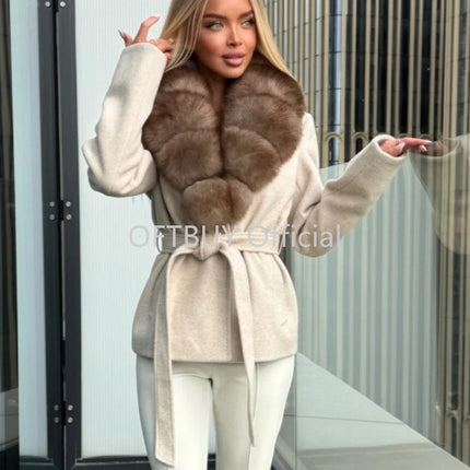 OFTBUY Women 100% Wool Short Coat Real Fox Fur Collar Woolen Jacket New Luxury Winter Natural Fur Clothes Warm Belted Outerwear