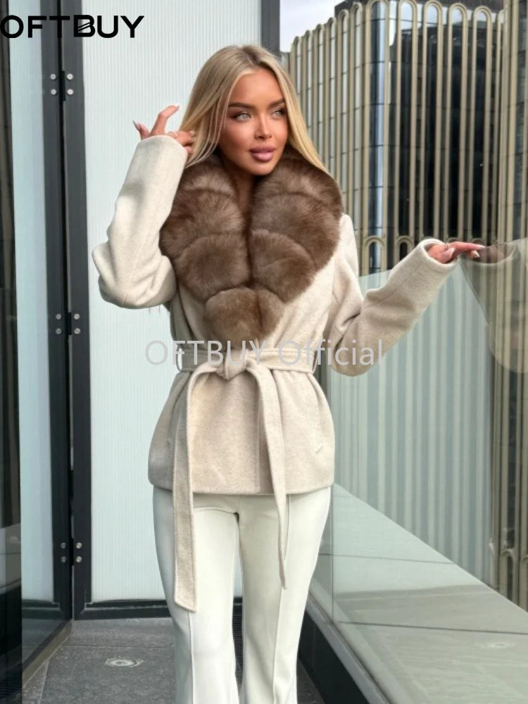 OFTBUY Women 100% Wool Short Coat Real Fox Fur Collar Woolen Jacket New Luxury Winter Natural Fur Clothes Warm Belted Outerwear