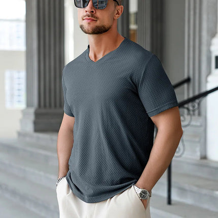 2025 New Men's Casual Short Sleeved Bone Flower Solid Color O-neck T-shirt Fashion Breathable Comfortable Summer Versatile Top PlatiNum
