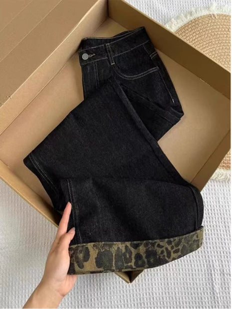 Y2K Jeans da donna americani a vita alta con stampa leopardata nera, bordo arrotolato, gamba larga, pantaloni estivi larghi con punto a contrasto