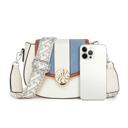 Miss Lulu Ethno-shoulder bag PU leather with Corduroy Detail & Adjustable Strap, Blue-Beige PlatiNum