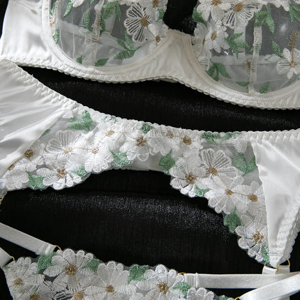 Elegant White Floral Embroidered Sheer Lace Lingerie Set Strappy Underwire Bra Garter Belt Thong Intimate Nightwear Apparel Lady