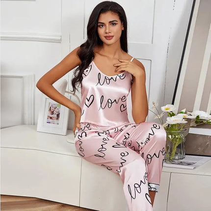 Pigiama da donna in raso di seta set lettera stampa Cami Vest Shirt con pantaloni Sleepwear Ladie Sexy pigiama Lingerie pigiama da notte platinumshop