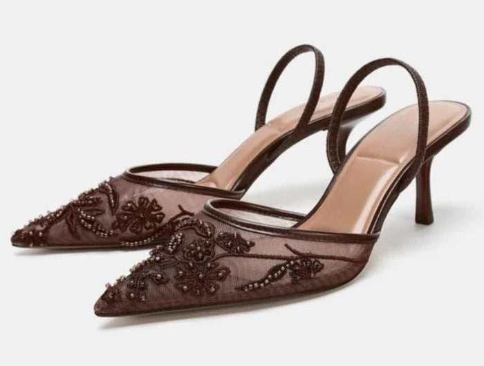 Sexy Pointed Toe Mesh Embroider High Heels for ladies Elegant String Bead pumps Summer Luxury Designer Shoe Brown Heeled Sandals PlatiNum