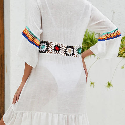 Costume da bagno estivo bohémien lavorato a maglia con fiori Kimono Cardigan con volant sull'orlo Copricostume con scollo a V Costume da bagno copricostume floreale all'uncinetto platinumshop