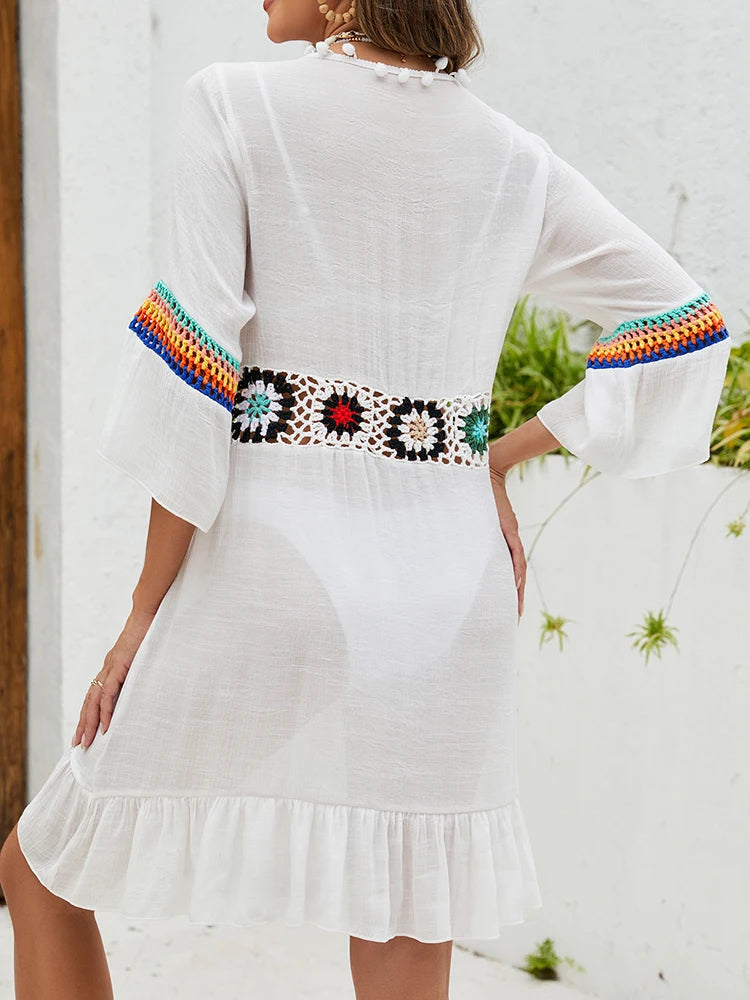 Costume da bagno estivo bohémien lavorato a maglia con fiori Kimono Cardigan con volant sull'orlo Copricostume con scollo a V Costume da bagno copricostume floreale all'uncinetto platinumshop