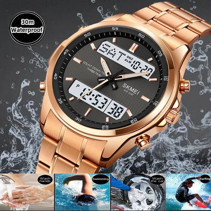 Skmei orologio da polso analogico al quarzo da uomo cinturino in acciaio inossidabile di lusso Led impermeabile digitale sportivo sveglia a tre fusi orari platinumshop