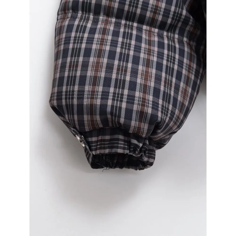 Elegant Chic Women Plaid Puffer Anorak with Adjustable Hem High Neck and Long Sleeves Zippered Coats Winter Brown Padded Jackets