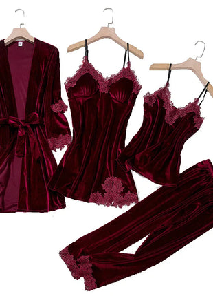 TOP Casual Velluto Abbigliamento per la casa 4 pezzi Set da notte Intimo Lingerie Pigiama da donna Completo a maniche lunghe in pizzo Velluto Homewear Pigiama set