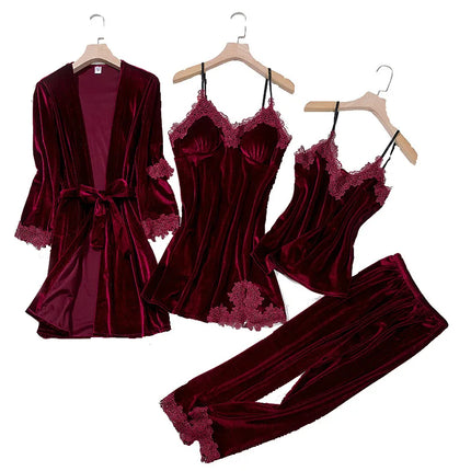 TOP Casual Velluto Abbigliamento per la casa 4 pezzi Set da notte Intimo Lingerie Pigiama da donna Completo a maniche lunghe in pizzo Velluto Homewear Pigiama set