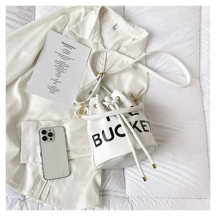 Spring New Fashion Letter PU Leather Bucket Bag Women Simple City Style Shoulder Handbag Trendy Crossbody Satchel Handbag PlatiNum