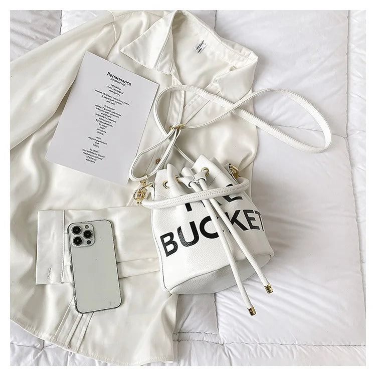 Spring New Fashion Letter PU Leather Bucket Bag Women Simple City Style Shoulder Handbag Trendy Crossbody Satchel Handbag PlatiNum