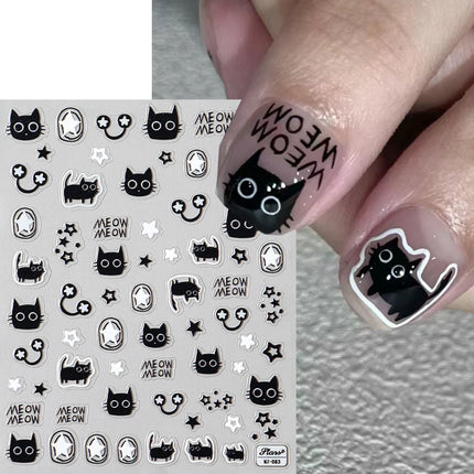 Cute Black Cat Nail Stickers Decals 5D Embossed Kawaii Cat Flowers Star Nail Art Decoration Cute Cartoon Sliders Summer Manicure