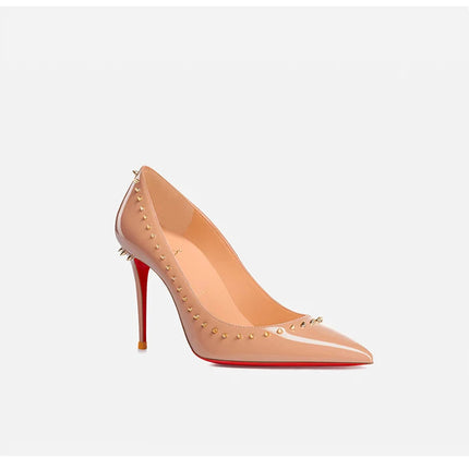 Scarpe col tacco di lusso da donna Fondo rosso lucido Décolleté a punta Rivetti di colore nudo Tacchi alti sottili Scarpe eleganti da donna di moda platinumshop