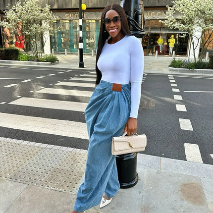 Jeans da Donna a Gamba Larga Lavati a Vita Alta con Pieghe e Effetto Distressed, Denim Vintage Primavera 2026, Pantaloni Femminili Streetwear a Tutta Lunghezza
