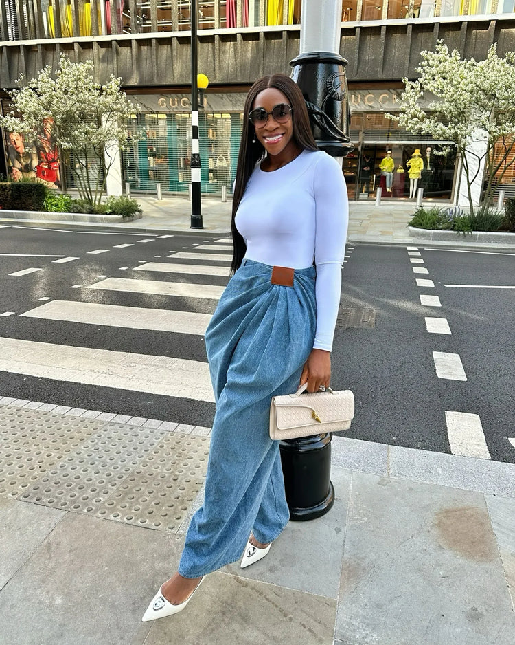Jeans da Donna a Gamba Larga Lavati a Vita Alta con Pieghe e Effetto Distressed, Denim Vintage Primavera 2026, Pantaloni Femminili Streetwear a Tutta Lunghezza