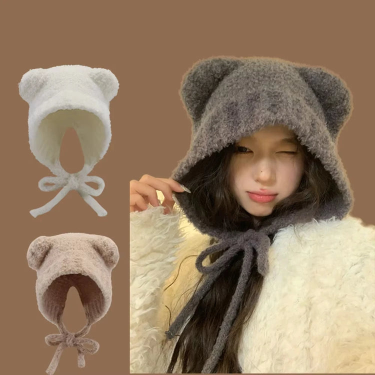 1Pc Women Cute Warm Beanie with Bear Era Earmuffs,Outdoor Travel Cycling Knitt Thick Fluffy Warm Pullover Cap for Autumn/Winter