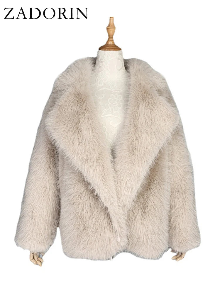 ZADORIN Korean Style Winter Warm Coat Women Mid Length Lapel Loose Faux Fox Fur Coat Luxury Overcoat Fluffy Fur Jacket Tops